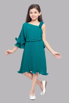 Pink Chick  Accordion Pleated One Shoulder  Dress -Teal-13-14y / Teal