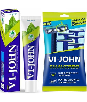 Vi-John Icy Mint Shaving Cream 125G & Shave Pro Twin Blade Disposable Razor 5 Pcs Combo Pack