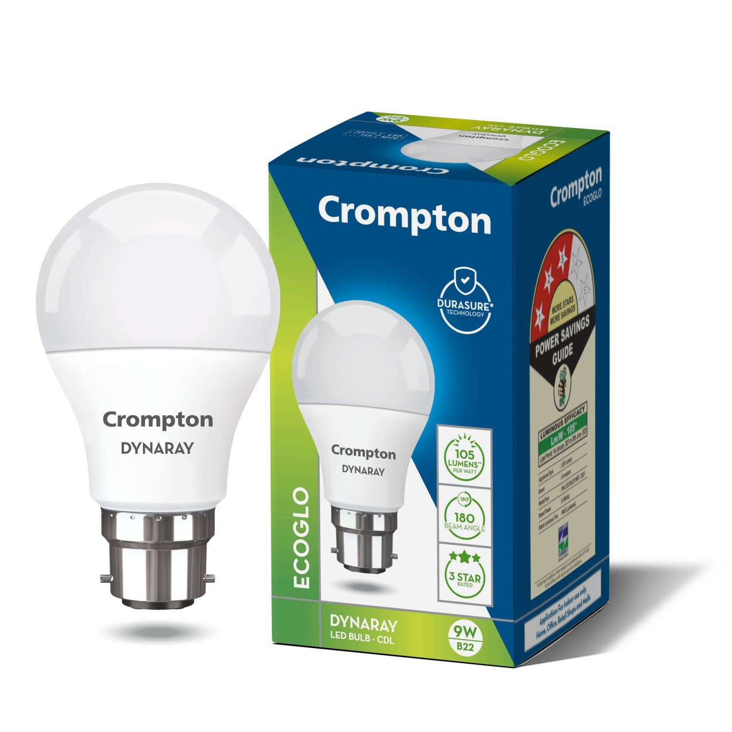 Crompton Dyna Ray 9W LED Bulb | Cool Day Light | B22 Base | 180 Beam Angle | Surge & Voltage Protection (Pack of 1)