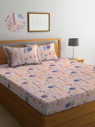 Peach-Coloured & Blue Floral Polycotton 300 TC King Bedsheet With 2 Pillow Covers
