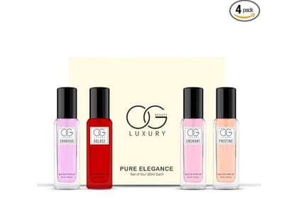 OG Beauty Luxury Fragrances, Charade, Solace, Enchant, Pristine, Perfume Gift Set, Long Lasting EDP Fragrance Scent, For Women - Pack of 4, 20ml OG Beauty Luxury Fragrances, Charade, Solace, Enchant, Pristine, Perfume Gift Set, Long Lasting EDP Fragrance Scent, For Women - Pack of 4, 20ml