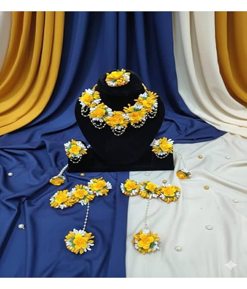 Koogly Floral Jewelry Set with Necklace, Earrings, Maang Tikka, Hathphool, Pink and Yellow, Pearl Accents (Yellow_White Jewellery)