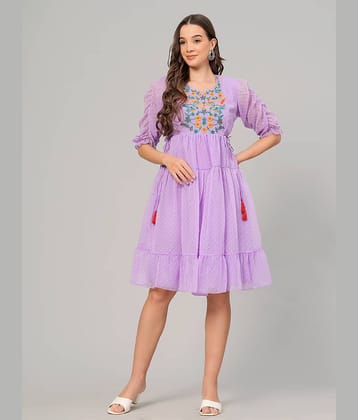 HIGHLIGHT FASHION EXPORT Women Crepe Printed Fit & Flare Dress ( Purple )