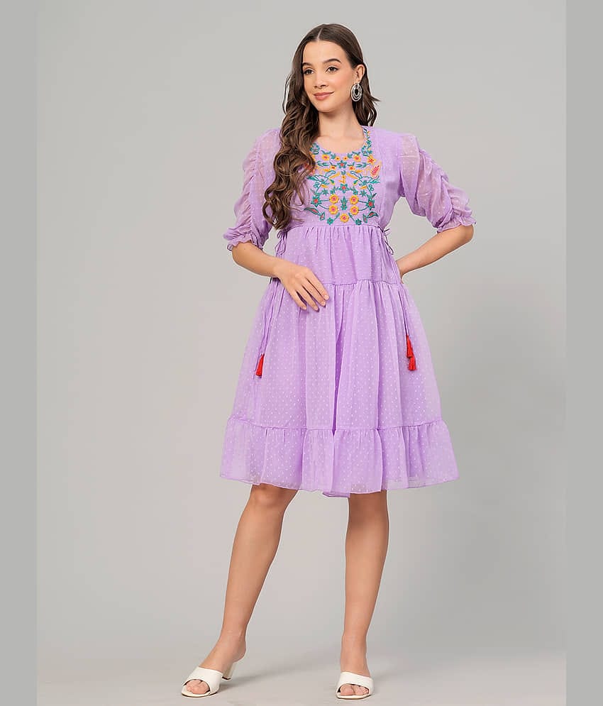 HIGHLIGHT FASHION EXPORT Women Crepe Printed Fit & Flare Dress ( Purple )