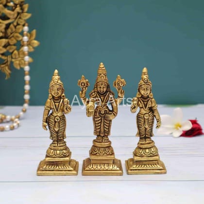 Brass Tirupati Balaji with Sridevi and Bhudevi - 4.5 Inch Height