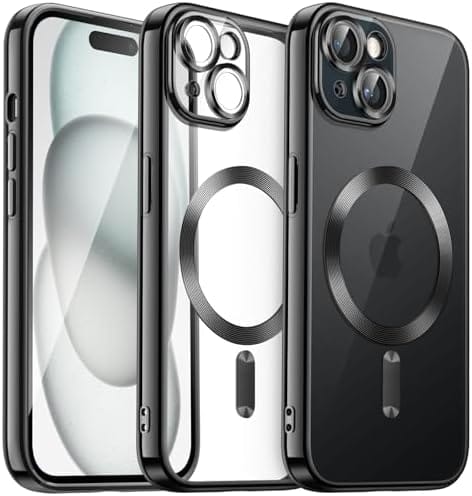 PLUGTECH TPU Designed for iPhone 15 Plus Luxury Electroplating Case [Magnetic MagSafe] [Integrated Lens Protection] Back Cover Case for iPhone 15 Plus (Black)