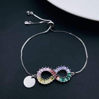 Infinity Rainbow Silver Cubic Zirconia Medallion Charm Adjustable Slider Bracelet Women-PLAIN