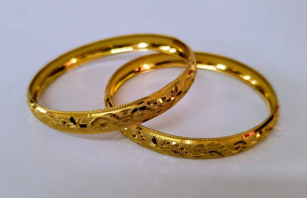 Gold plated Bangles with Intricate Floral Design, 2.8 Inches in Diameter