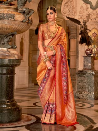 Orange Soft Silk Banarasi Brocade Zari Woven Saree
