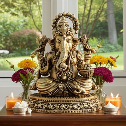 Brass Showpiece Ganesh Ji God Idol Statue, Made From Machine (BSMAS1703 G)