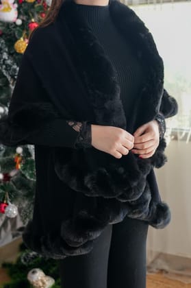 Cressida Woollen Furr Cape-Black