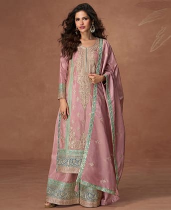 vichitra silk pink heavy embroidered straight suit for women