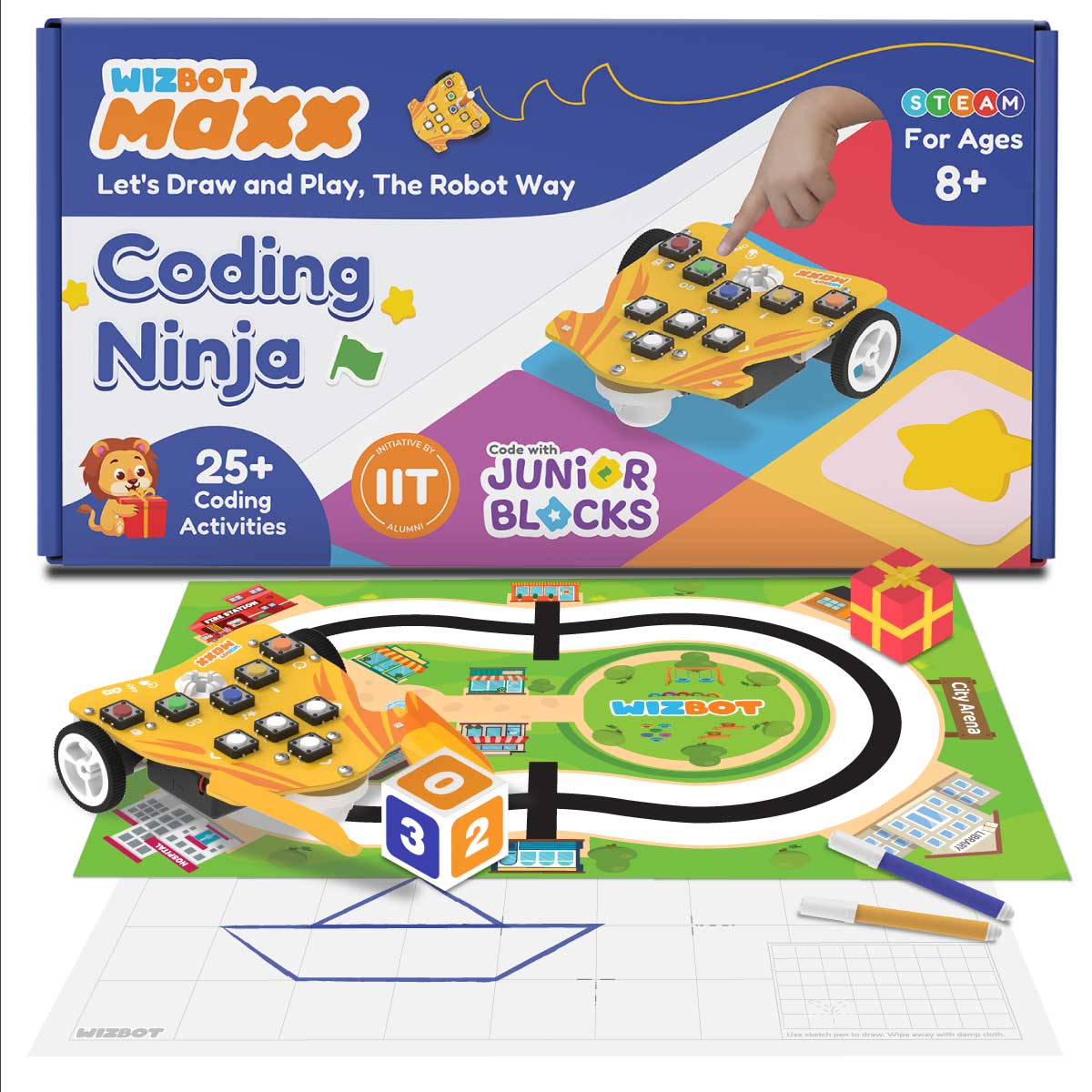 Wizbot Maxx Coding Ninja - Screen-Free Button-Based and Block-Based Coding Robot Toy for Kids Age 8+