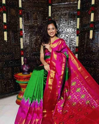 POCHAMPALLY IKKAT SILK SAREE GREEN WITH PINK COLOR