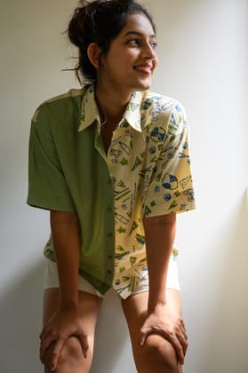 Handblock Printed Cotton Shirt - Green-XS
