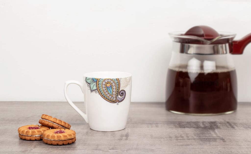 Femora Indian Ceramic Handmade Painted Peacock Design Tea Cup Coffee Cup - 6 Pcs,160 ML - Small Serving