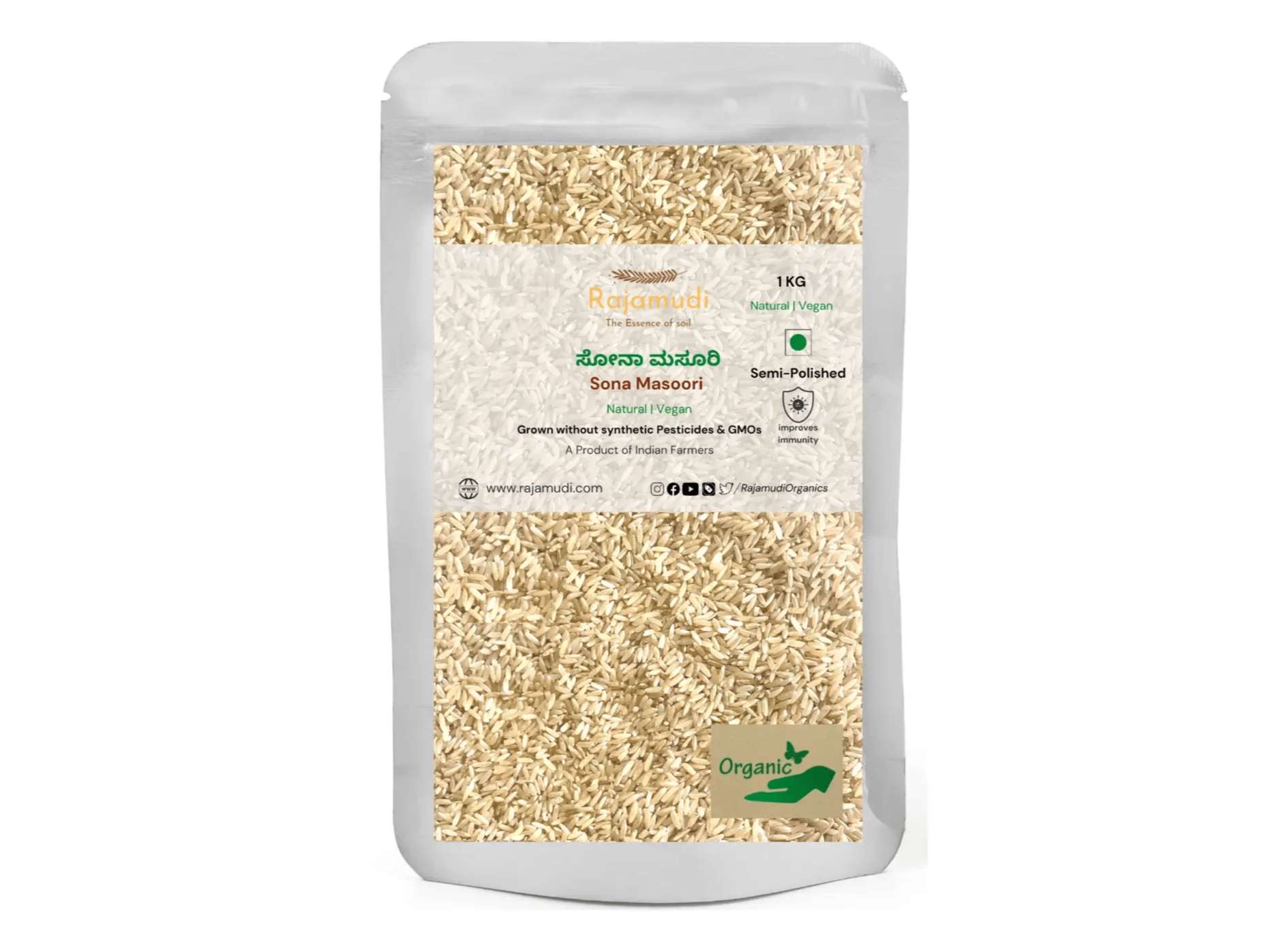 Organic Sona Masoori Rice Semi Polished - 1 Kilogram