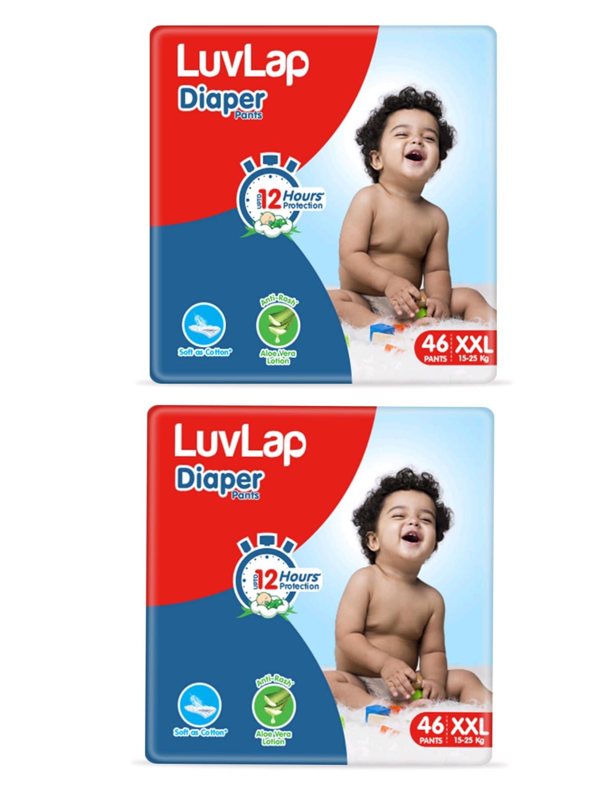 LuvLap Diaper Pants XXL, 15-25kg, 92 Count, Baby Diaper Pants, with Aloe Vera Lotion for Rash Protection, upto 12 Hour protection Pack of 2