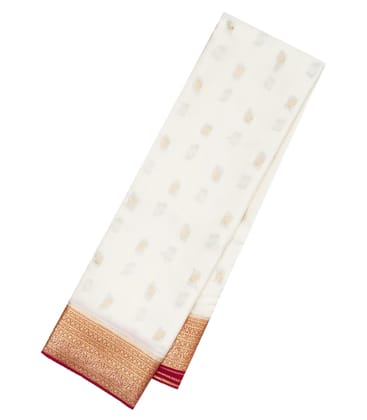 Off White Mysore Silk Saree With Floral Buttas & Crimson Border-MS2960-Off White