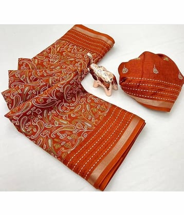 Bhuwal Fashion Art Silk Printed Kashmiri Kani Saree With Unstitched Blouse Piece ( Orange )