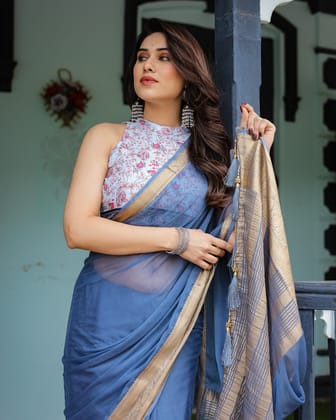 Serene Steel Blue Plain Chiffon Saree with Gold Zari Border, Floral Printed Blouse & Tassel Detailing-Regular