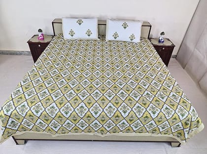 Bedsheet Set Floral Printed Cotton with Pillow Covers, Intricate Ethnic Rajasthani Design, 100% Cotton, 210 x 226 cm, Yellow & Green Color,Best for Single Bed & Big Deewan Sets