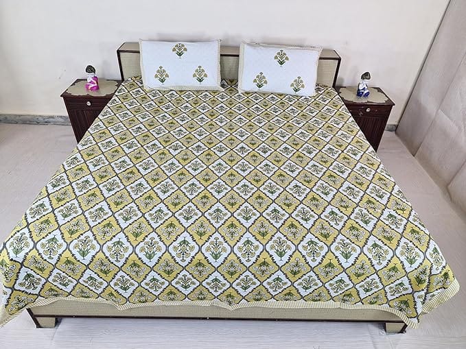 Bedsheet Set Floral Printed Cotton with Pillow Covers, Intricate Ethnic Rajasthani Design, 100% Cotton, 210 x 226 cm, Yellow & Green Color,Best for Single Bed & Big Deewan Sets