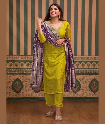 kedar fab Women Art Silk Embroidered Straight Kurti With Pants ( Mustard )
