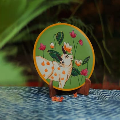 Hand-painted Pichwai Holy Cow & Lotus Wall Plate - 10'