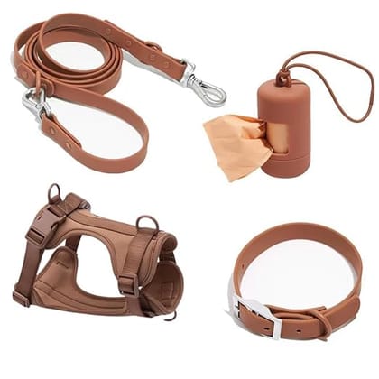 BlingPets Dog Harness Collar Leash & Poopbag Complete Set, Ultralight, Stylish & Comfortable Material for Your Small, Medium, Large Dogs and Cats (Coffee, Medium)