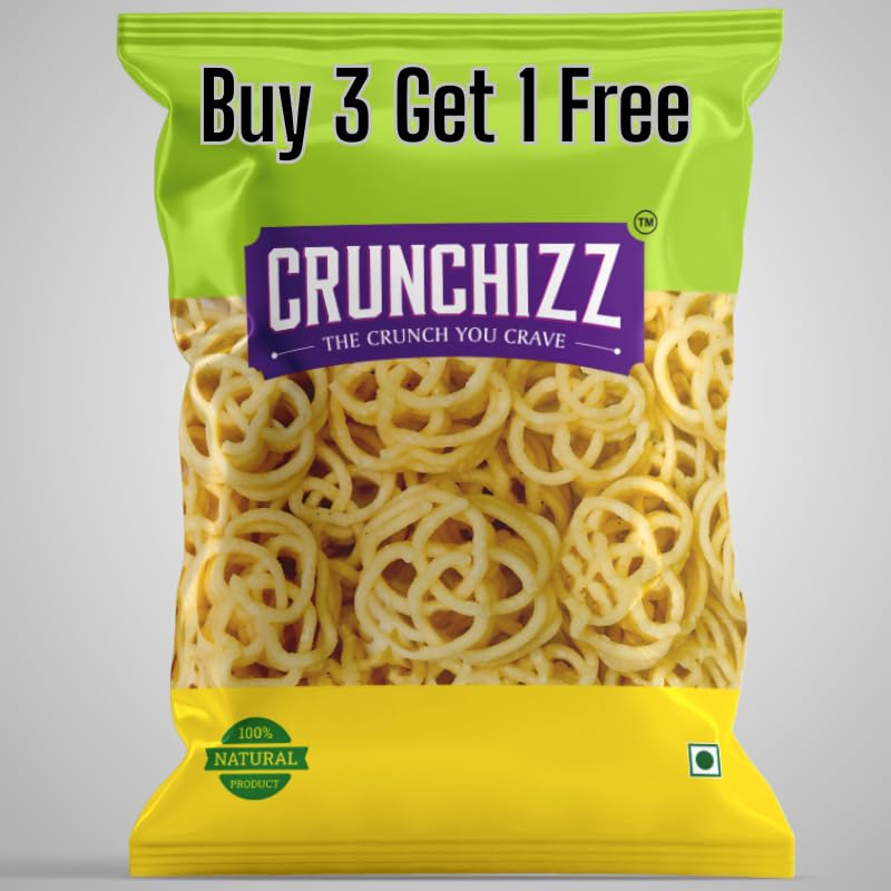 CRUNCHIZZ Snacks - Get 4 at the Price of 3 - 1 Pack FREE Offers I Authentic Kerala CHAKLI/MURUKKU I Traditional South Indian Recipe I No Artificial Additives I Crispy & Crunchy I 4 PACK COMBO I 150 Grams Each I