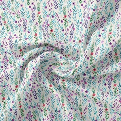 Tiny Multicolour Leaves With Tiny Flower Digital Printed Fabric-Polyester / Japan Satin / 110 CM | 43 Inch