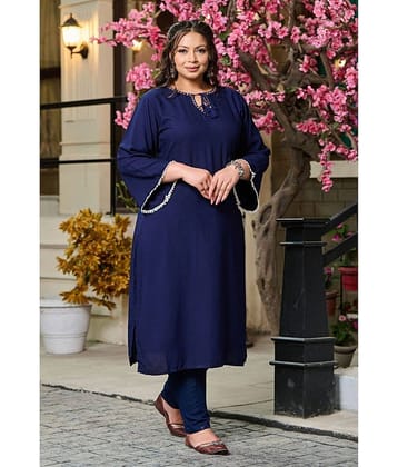 PrettyPlus by Desinoor.com Rayon Embroidered Straight Women's Kurti - Navy ( Pack of 1 )