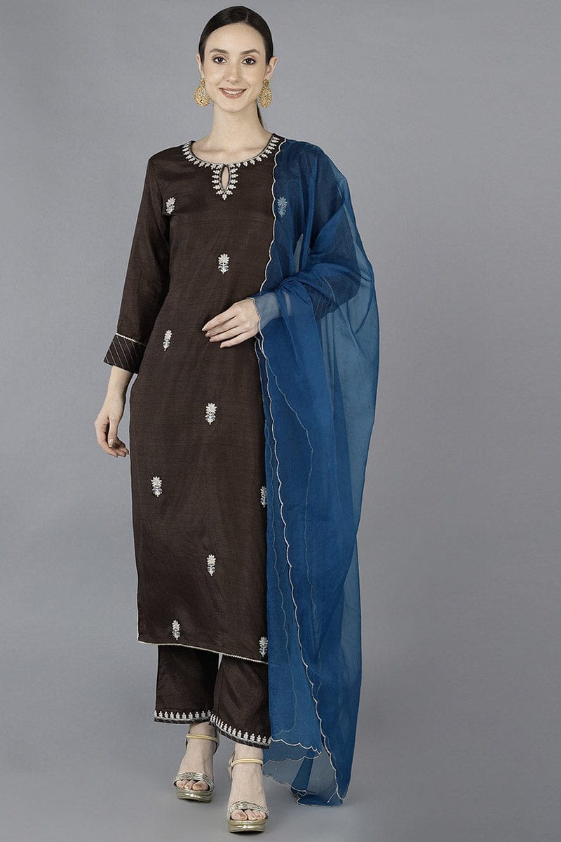 Grey Silk Blend Embroidered Kurta PKSKD1664