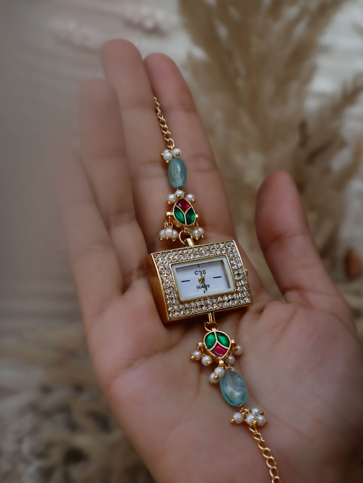 Mia Kundan Mint Green Wrist Watch-Multicolored