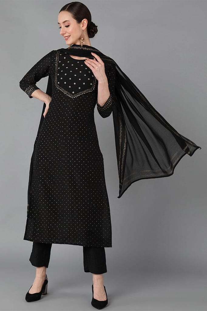 Black Silk Blend Yoke Design Kurta Trousers With Dupatta PKSKD1600 - Kurtas & Kurta Sets | Buy online on ZillyBuy