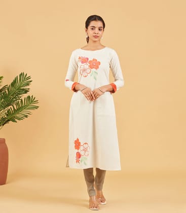 White Floral Printed Kurta-L / White