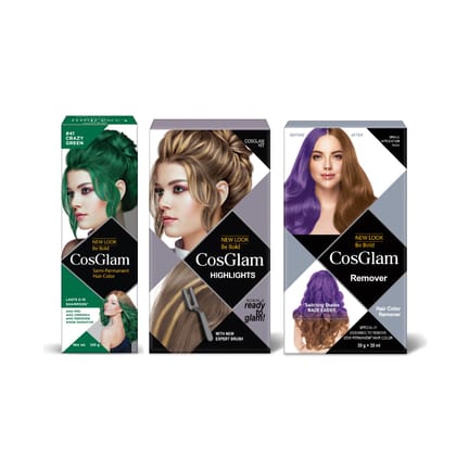COSGLAM Combo Pack, Semi Permanent Hair Color Crazy Green 120g, Hair Highlighter Kit 115g & Hair Color Remover 70ml
