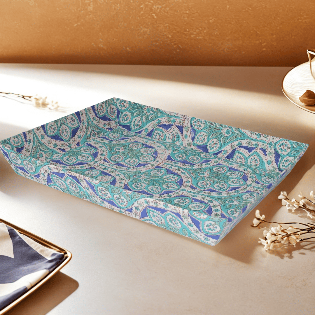 Green Block Print Table Tray | Handcrafted Serving & Decorative Tray for Home & Dining-Green