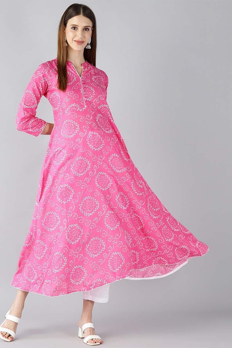 Pink Cotton Bandhani Flared Kurti VCK1177
