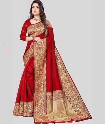 Gazal Fashions Banarasi Silk Embellished Saree With Unstitched Blouse Piece ( Pink )