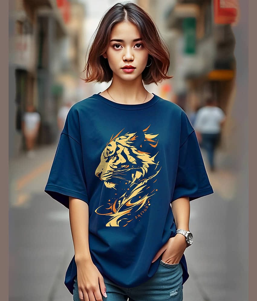 AUSK Women Cotton Printed Oversized Round Neck T-Shirt ( Teal )