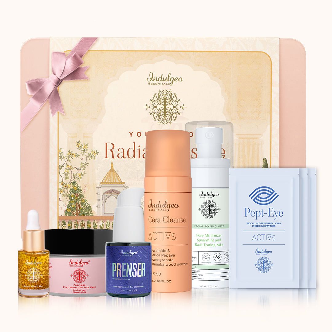 Wedding Glow Up Essentials Combo (Rose Gold Oil 6ml + Mini Prenser 20ml + Cera Cleanse 50ml + Pore Minimizer Toner 60ml + 3 Pept Eye Patches + Poreless Face Pack)