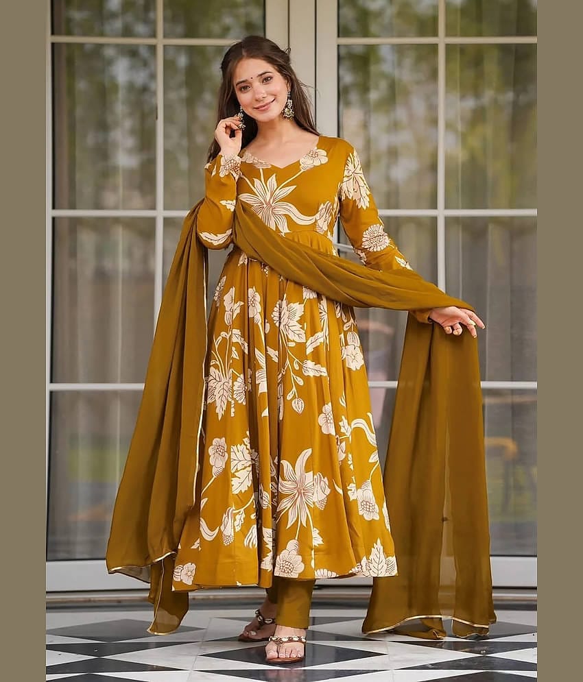 kedar fab Women Rayon Printed Anarkali Kurti With Pants ( Mustard )