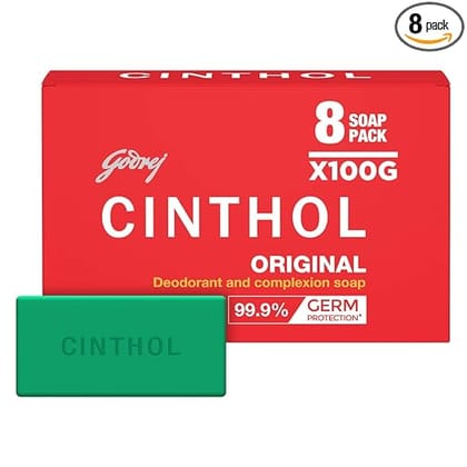Cinthol Original Deodorant & Complexion Soap, 99.9% Germ Protection, 100 g (Pack of 8)
