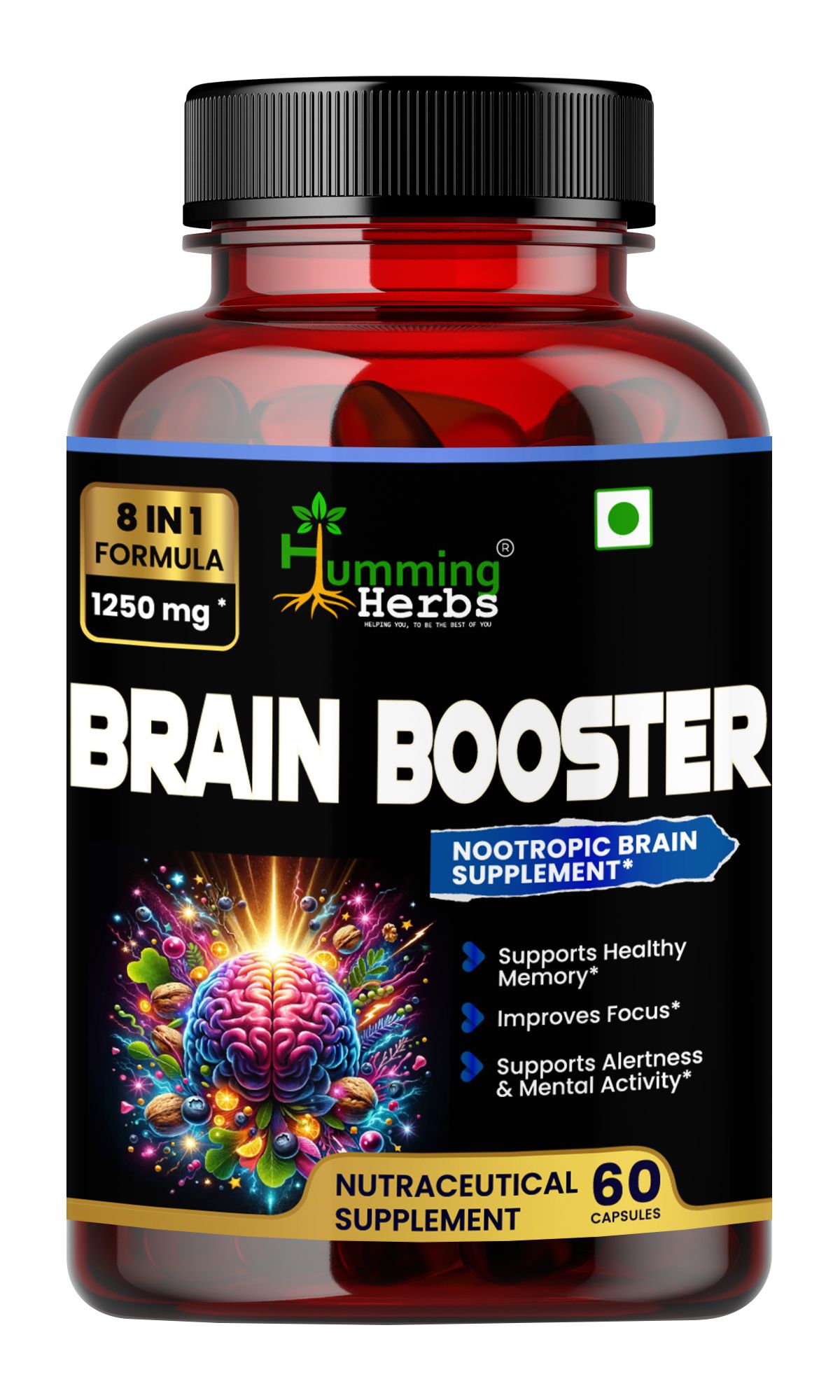 Humming Herbs Brain Booster | Nootropic Brain Supplement for Memory, Focus, & Mental Clarity - 8 in 1 Formula with GABA, Bacopa, Lion's Mane