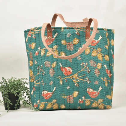 Green Tapti Hand Quilted Large Tote Bag