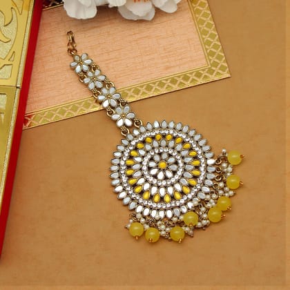 Yellow Color Mirror Work Maang Tikka (MTK540YLW)-Length: 16.00 CM x Width: 6.00 CM / Yellow / Alloy With Good Quality Gold Plated