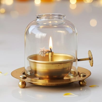 Brass Table Decor Adjustale Wick Oil Lamp Deepak, 50 ML  - Devotional Brass Lamp for Home, Height : 3.3 Inch (ZMAS617 C)