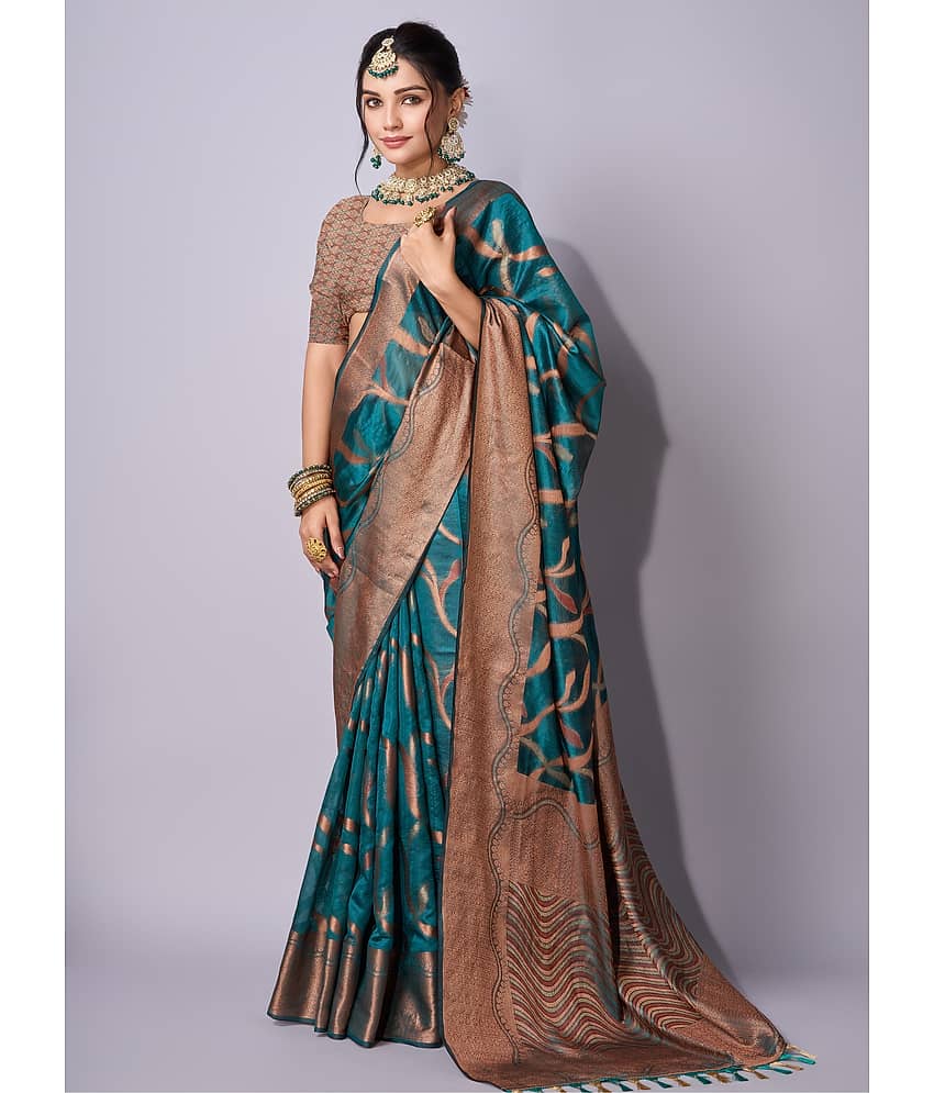 Saree Exotica Organza Embellished Saree With Unstitched Blouse Piece ( Sea Green )